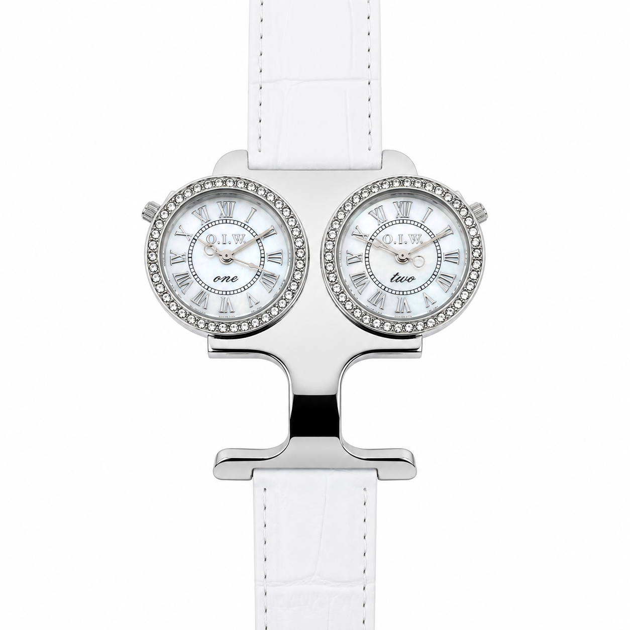 O.I.W. Twin - Orologio Donna Doppio Quadrante Madreperla con Cristalli Cinturino Pelle Bianco