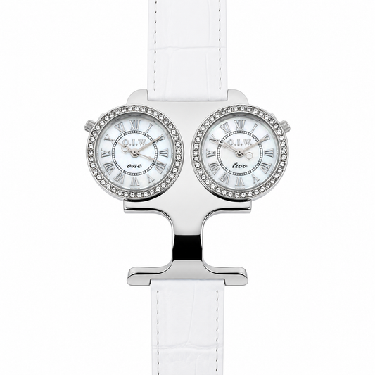 O.I.W. Twin - Orologio Donna Doppio Quadrante Madreperla con Cristalli Cinturino Pelle Bianco