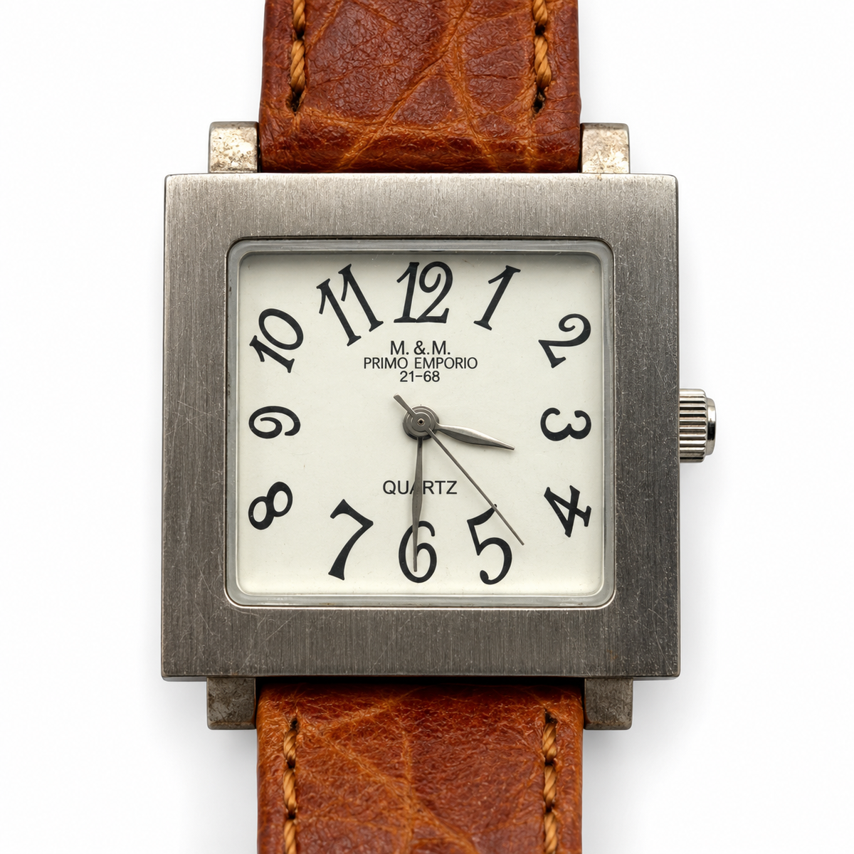 Orologio M&M Primo Emporio quadrato con cinturino marrone e quadrante nero o avorio