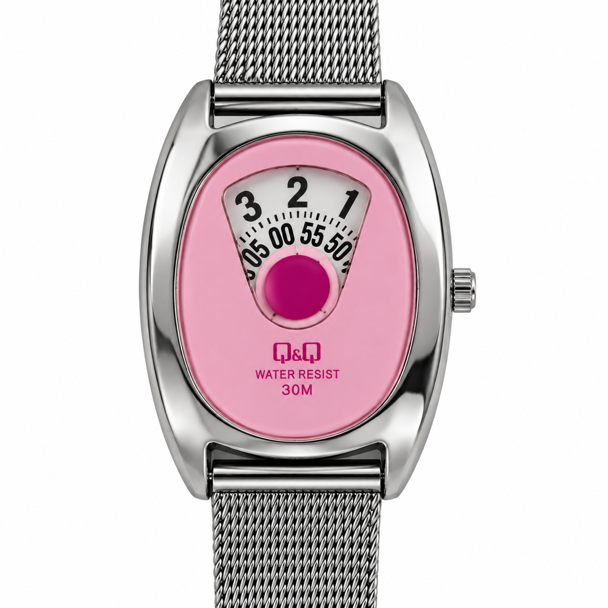 Orologio donna Q&Q con cassa ovale argentata, quadrante rosa a dischi e bracciale a maglia metallica