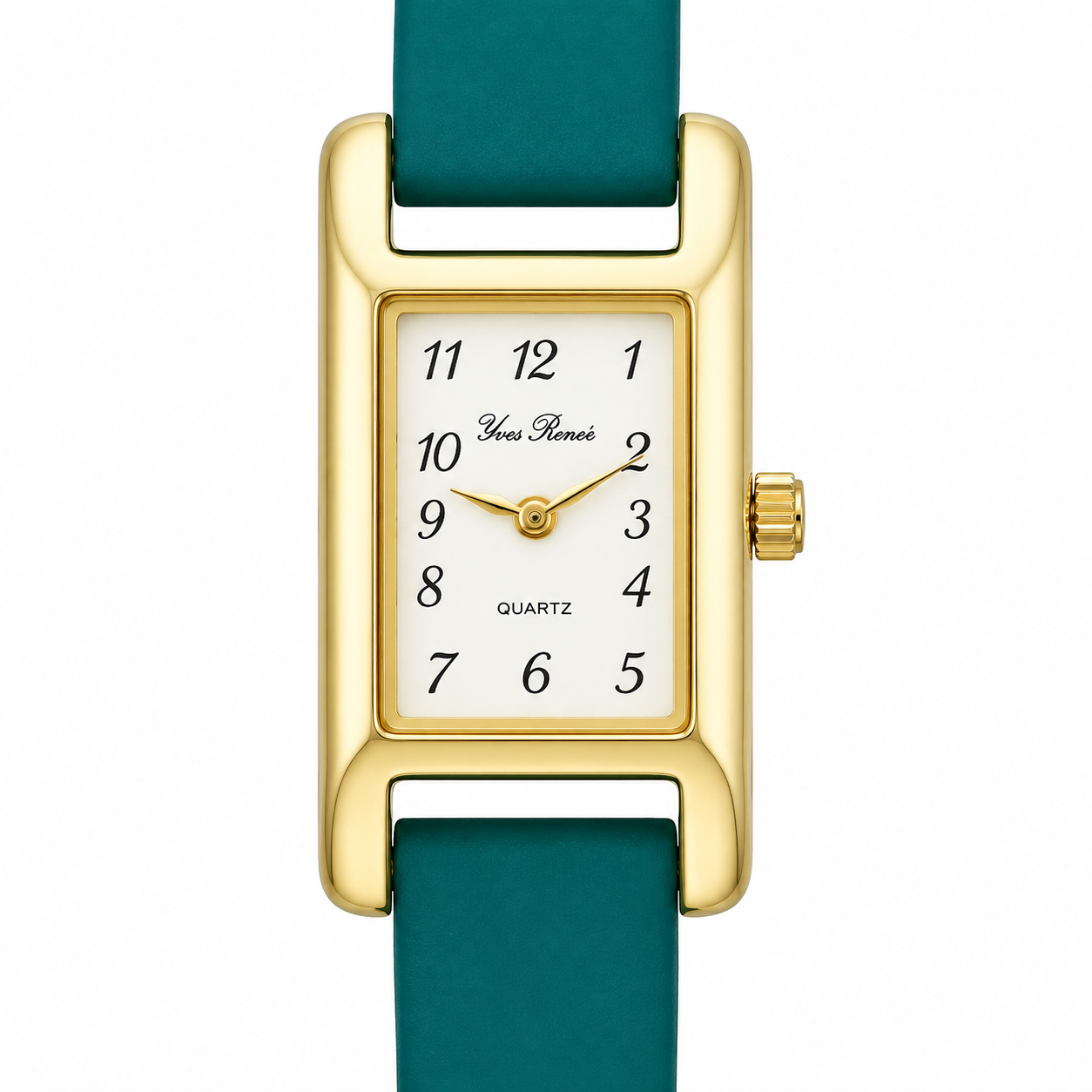 Orologio Yves Renee Quartz Rettangolare Gold - Quadrante Bianco e Cinturino Verde Petrolio