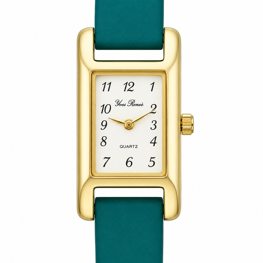 Orologio Yves Renee Quartz Rettangolare Gold - Quadrante Bianco e Cinturino Verde Petrolio