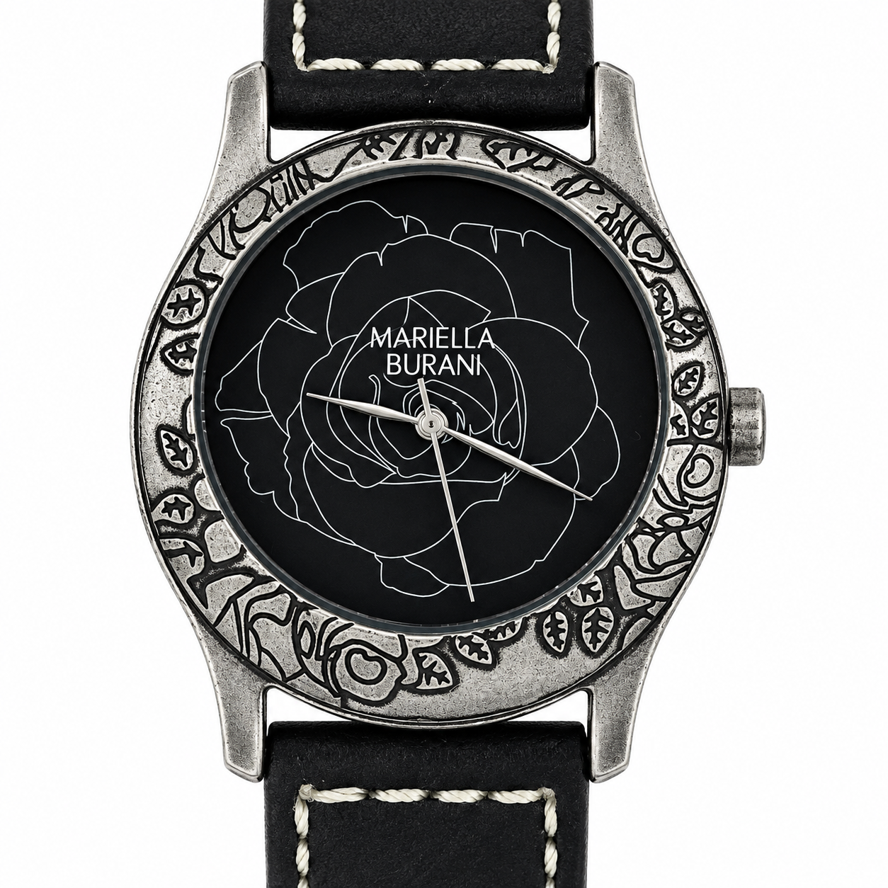 Mariella Burani – Orologio Donna Quadrante Nero Rosa Incisa Bezel Anticato Arabeschi Cinturino Cuoio