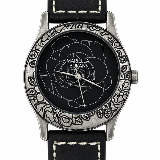 Mariella Burani – Orologio Donna Quadrante Nero Rosa Incisa Bezel Anticato Arabeschi Cinturino Cuoio