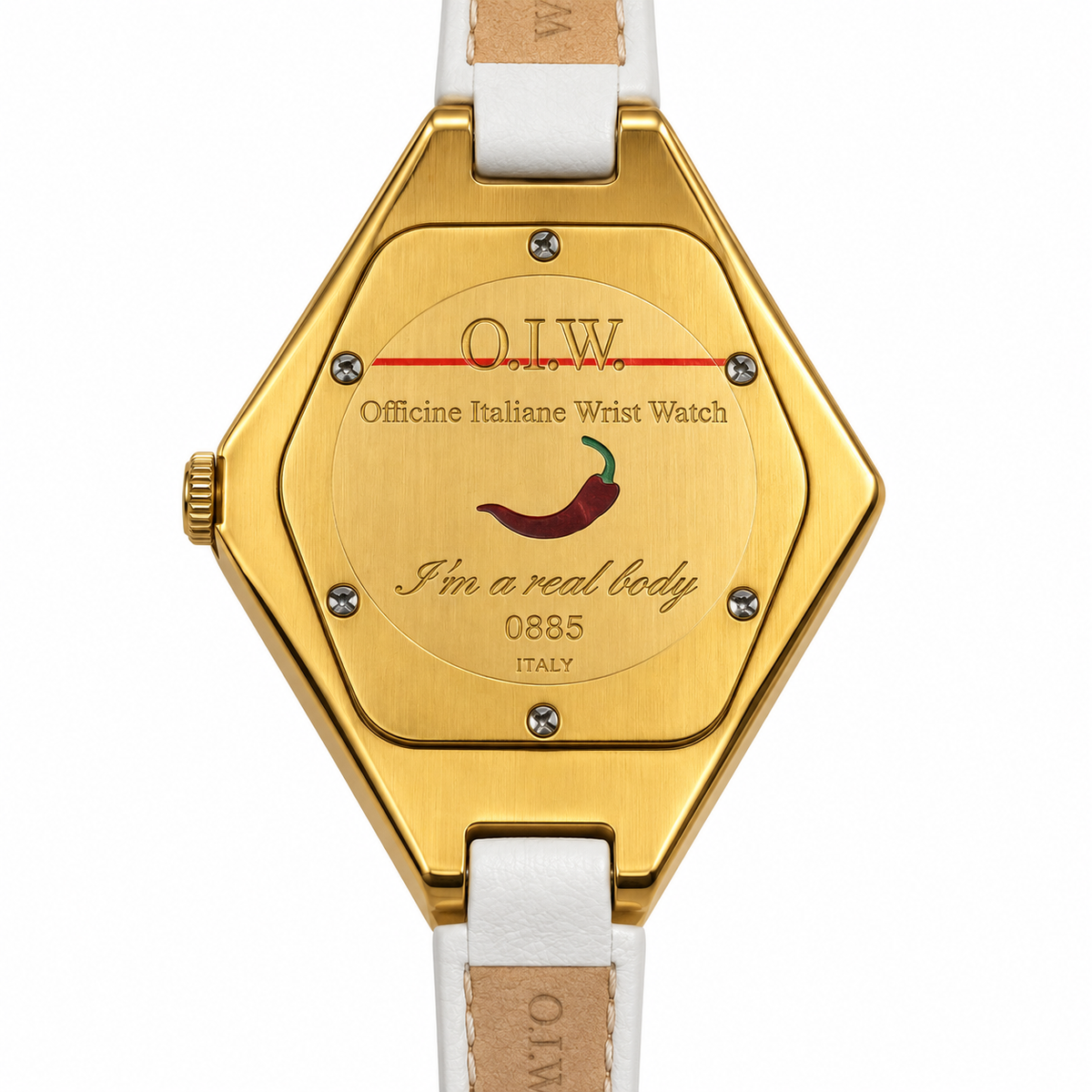 Orologio O.I.W. dorato a rombo con quadrante champagne e cinturino bianco
