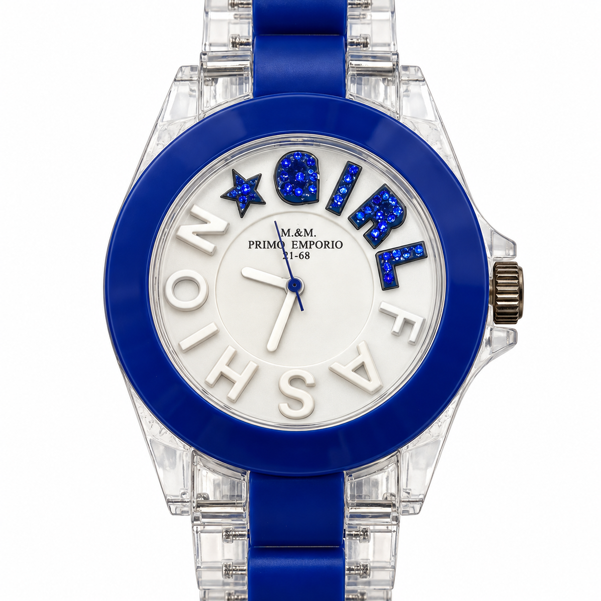 M&M Primo Emporio Fashion Girl con lunetta e bracciale blu, quadrante bianco e dettagli trasparenti
