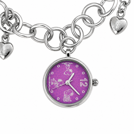Peanuts Snoopy Orologio Bracciale Charm – Quadrante Viola Acciaio Cuori Snoopy & Woodstock