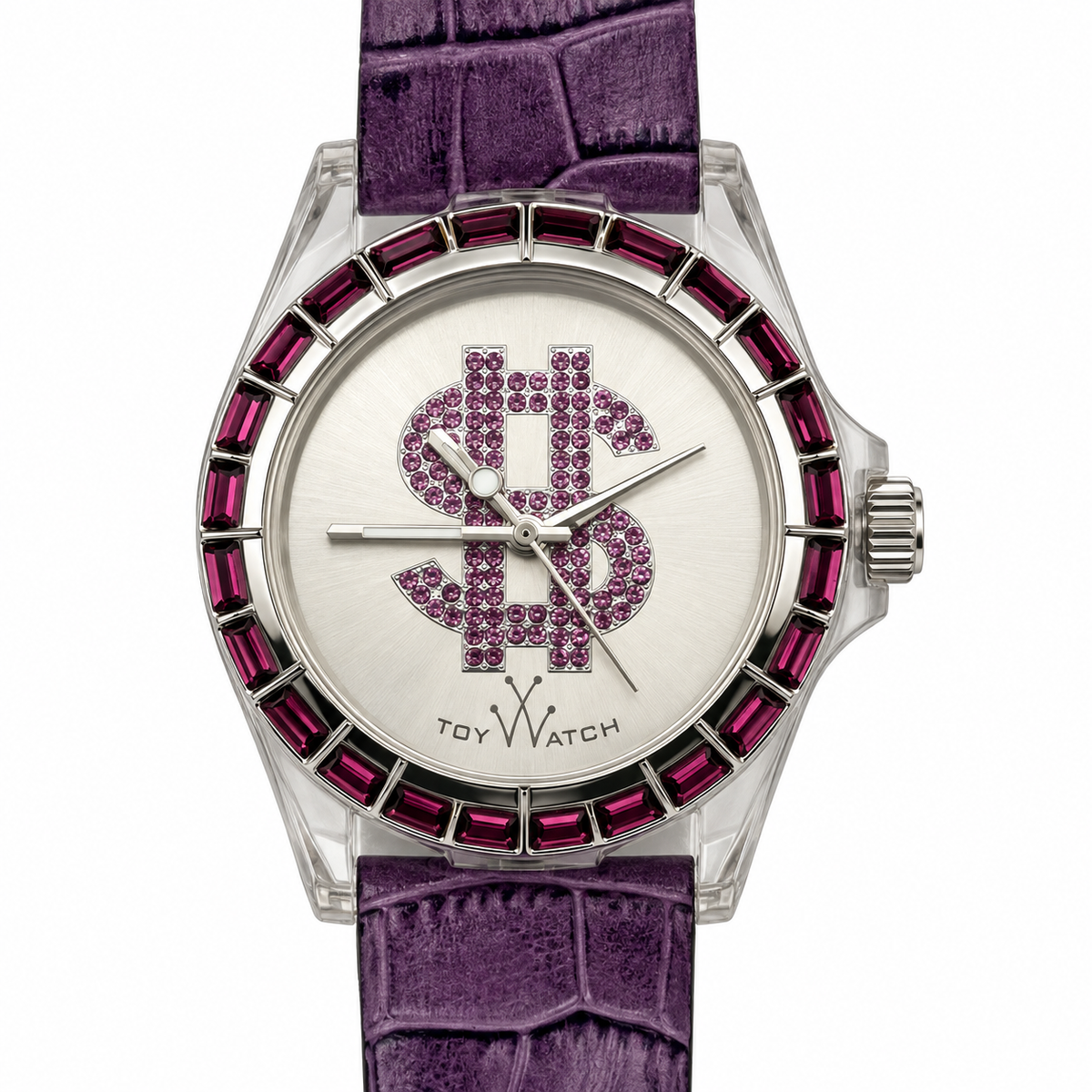 Orologio ToyWatch con cinturino viola effetto coccodrillo, cassa trasparente, lunetta fucsia e simbolo dollaro con strass sul quadrante chiaro
