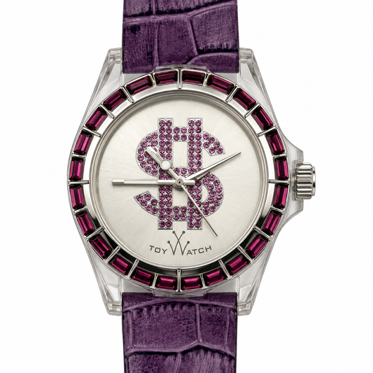 Orologio ToyWatch con cinturino viola effetto coccodrillo, cassa trasparente, lunetta fucsia e simbolo dollaro con strass sul quadrante chiaro