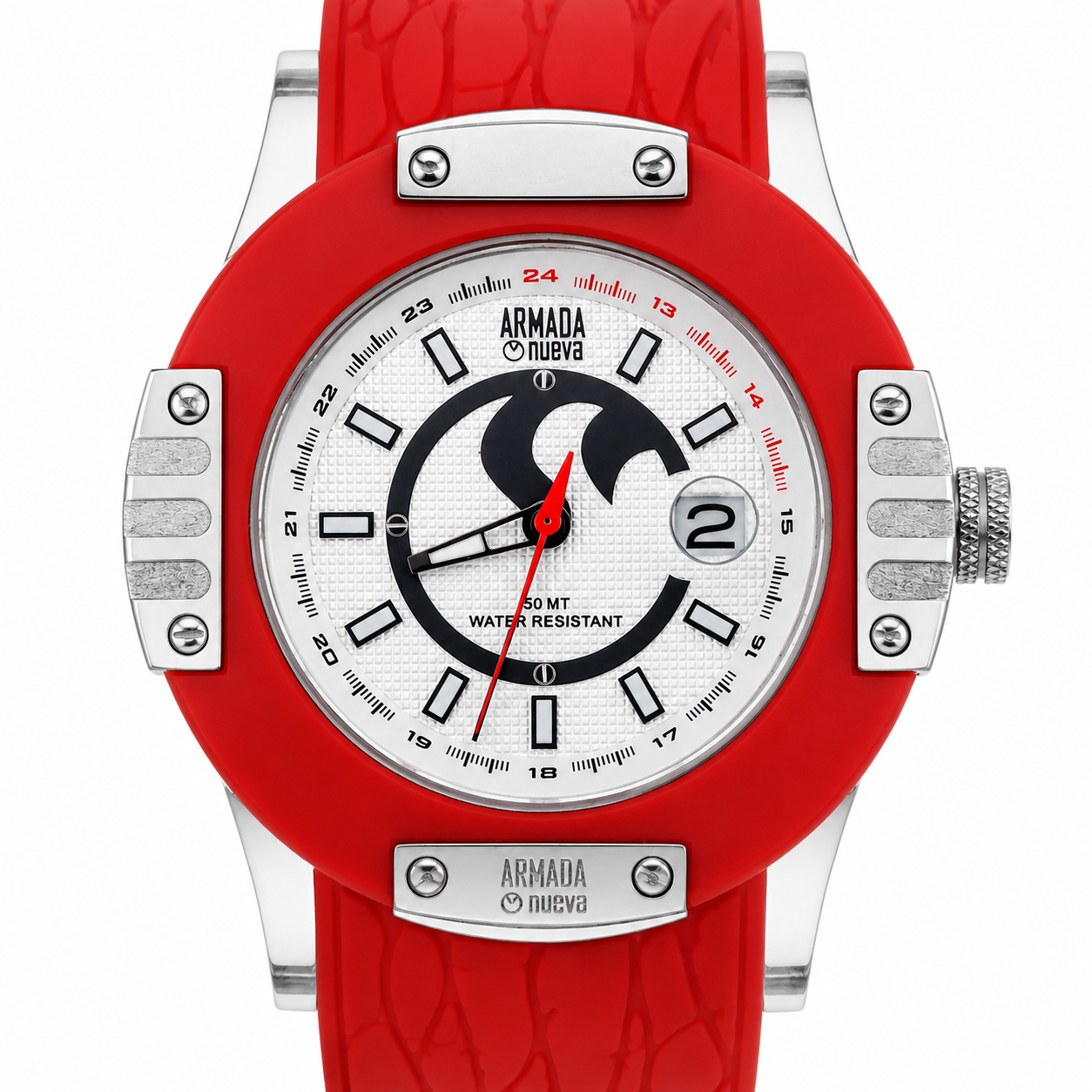 Armada Nueva – Orologio Sport Quadrante Bianco Bezel Rosso Scala 24H Water Resistant 50MT con Data