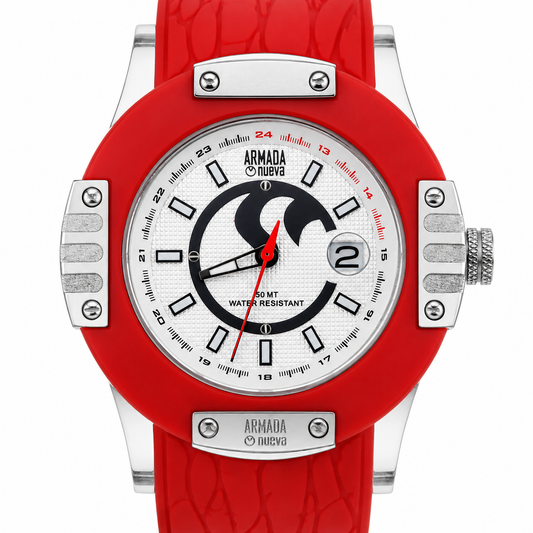 Armada Nueva – Montre Sport Cadran Blanc Lunette Rouge Échelle 24H Résistante à l'Eau 50MT avec Date