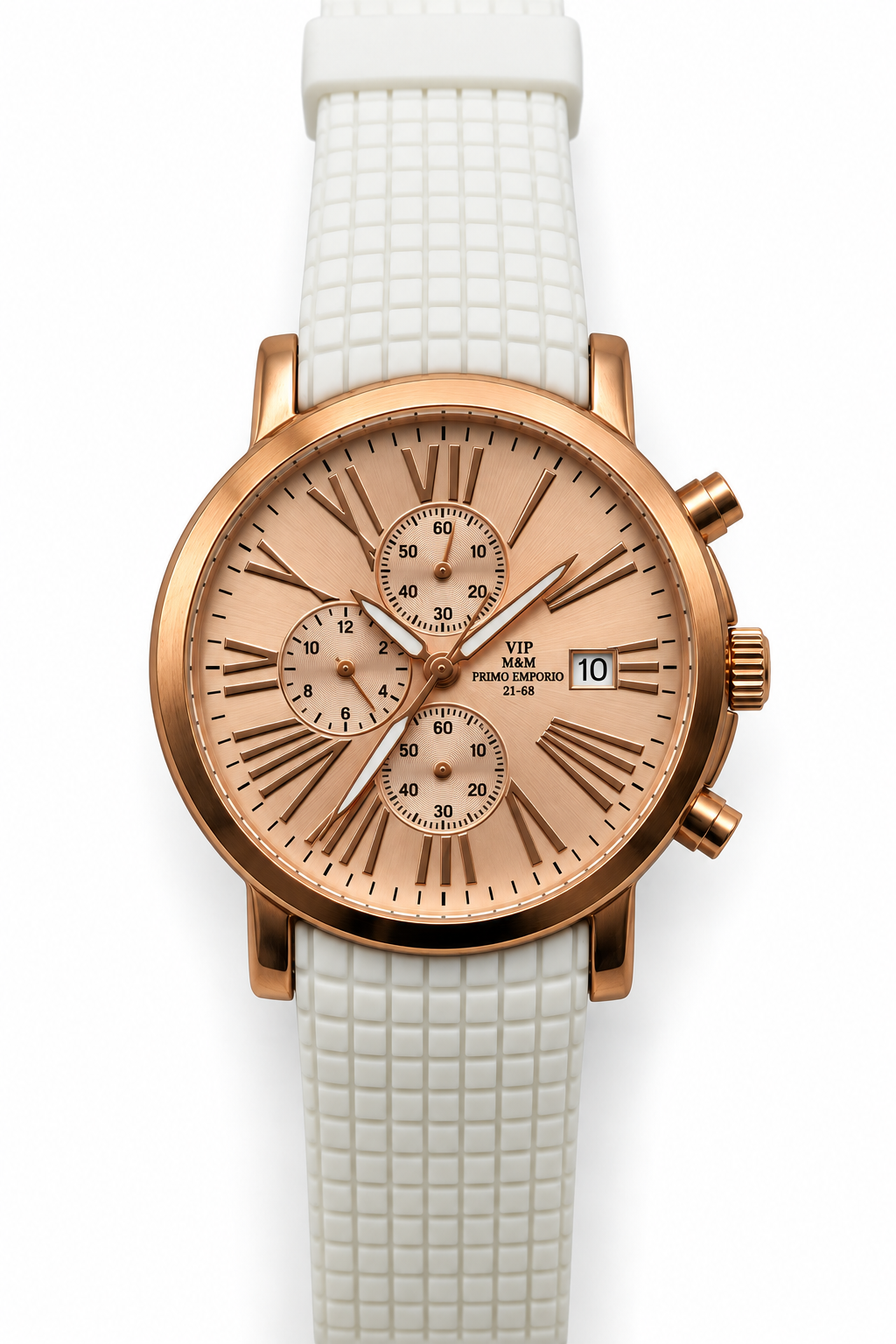M.&M. VIP Primo Emporio 21-68 — Cronografo Rose Gold Quadrante Numeri Romani Data Cinturino Gomma Bianco