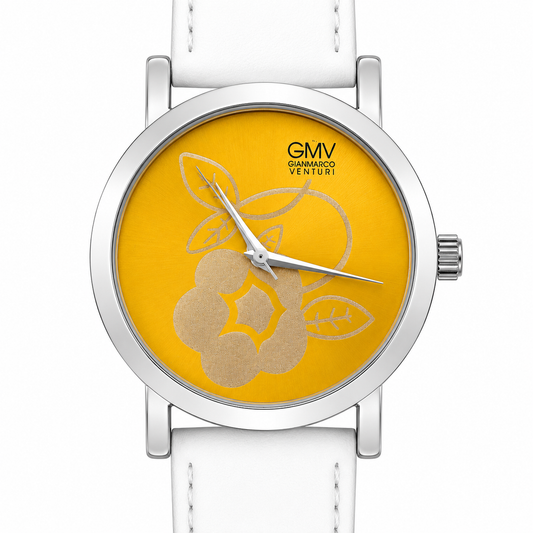 GMV Gianmarco Venturi Orologio Donna Tondo Giallo Limone Motivo Floreale Cinturino Bianco