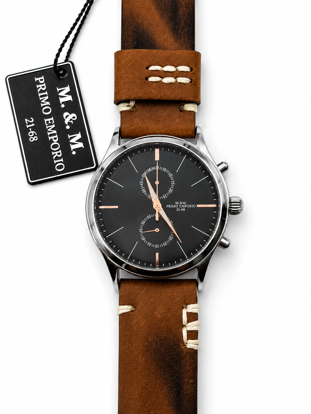 M&M Primo Emporio Cronografo 21-68 – Quadrante Nero Lancette Rose Gold Cinturino Pelle Vintage