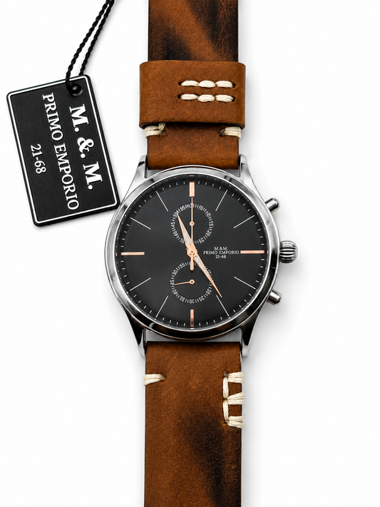 M&M Primo Emporio Cronografo 21-68 – Quadrante Nero Lancette Rose Gold Cinturino Pelle Vintage