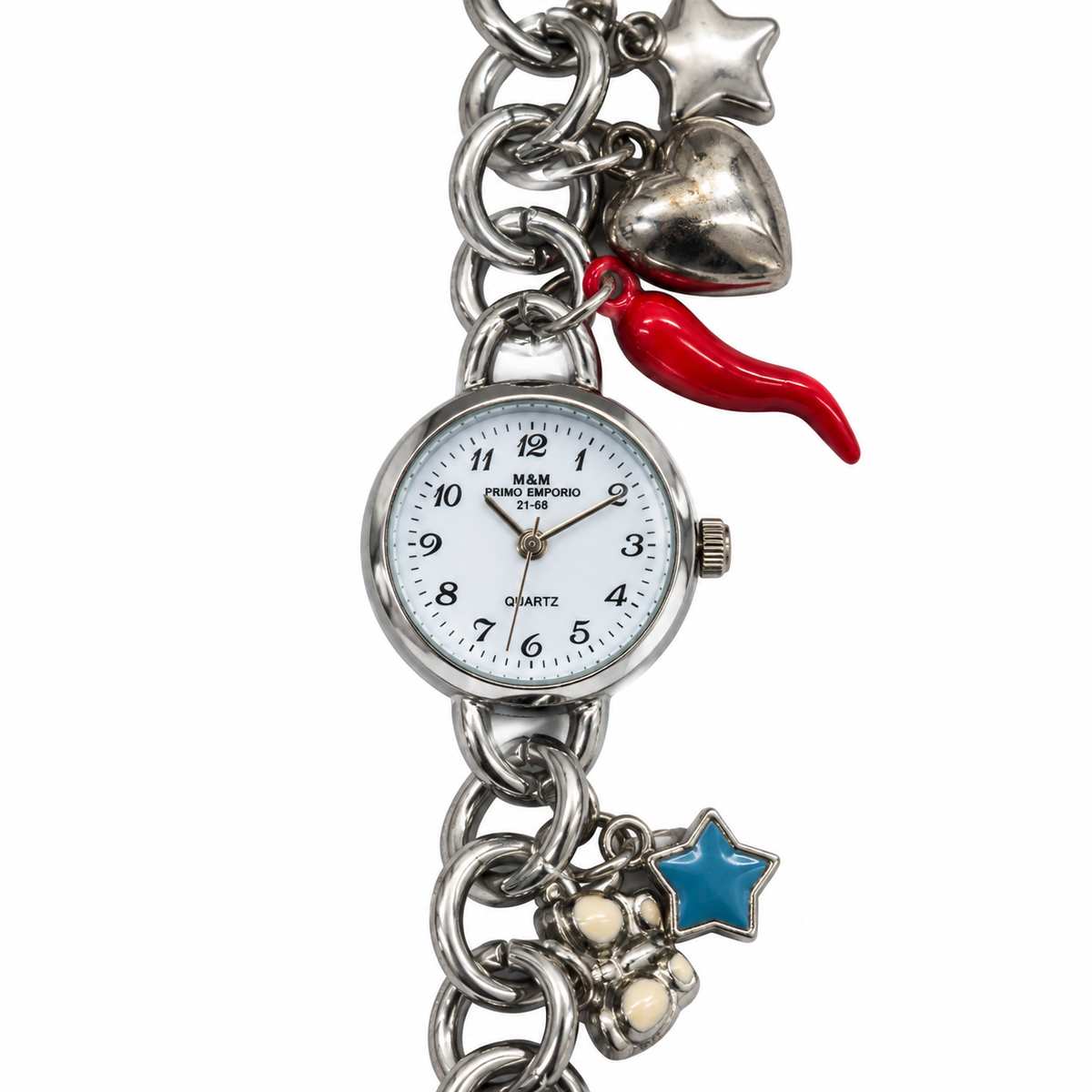 Orologio M&M Primo Emporio con quadrante bianco, bracciale a catena e charm con cornetto rosso e stella azzurra