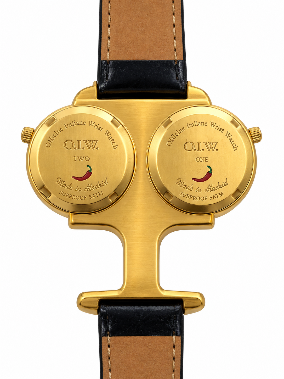 Orologio O.I.W. One Two dorato con doppio quadrante e cinturino nero