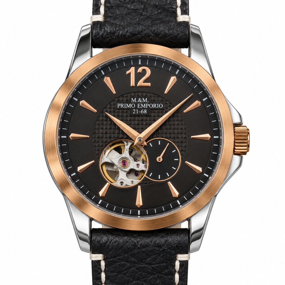 Orologio automatico M&M Primo Emporio 21-68 con quadrante nero open heart, lunetta oro rosa e cinturino nero