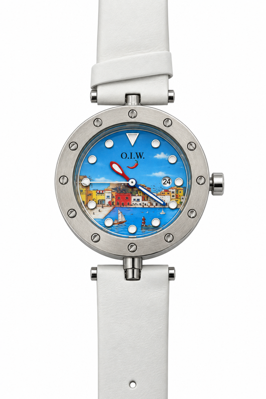 O.I.W. — Orologio Oblò Quadrante Dipinto Scena Portuale Mediterranea Cinturino Gomma Bianco