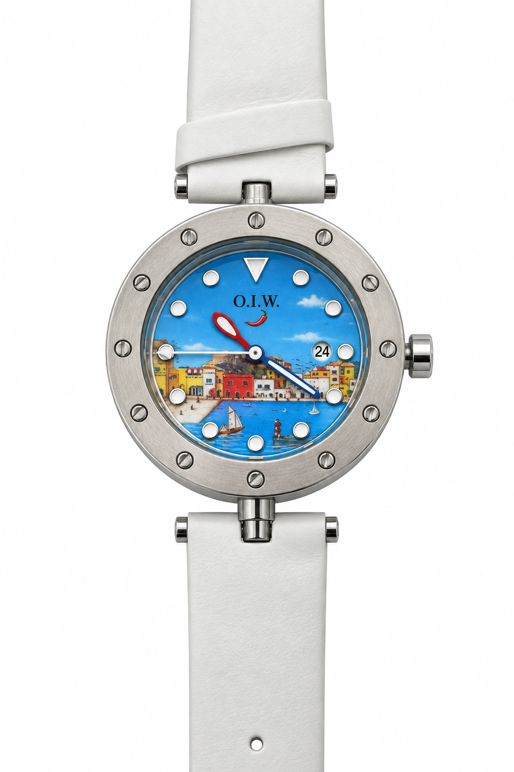 O.I.W. orologio oblò nautico quadrante dipinto a mano scena portuale mediterranea case colorate barche vela cinturino gomma bianco