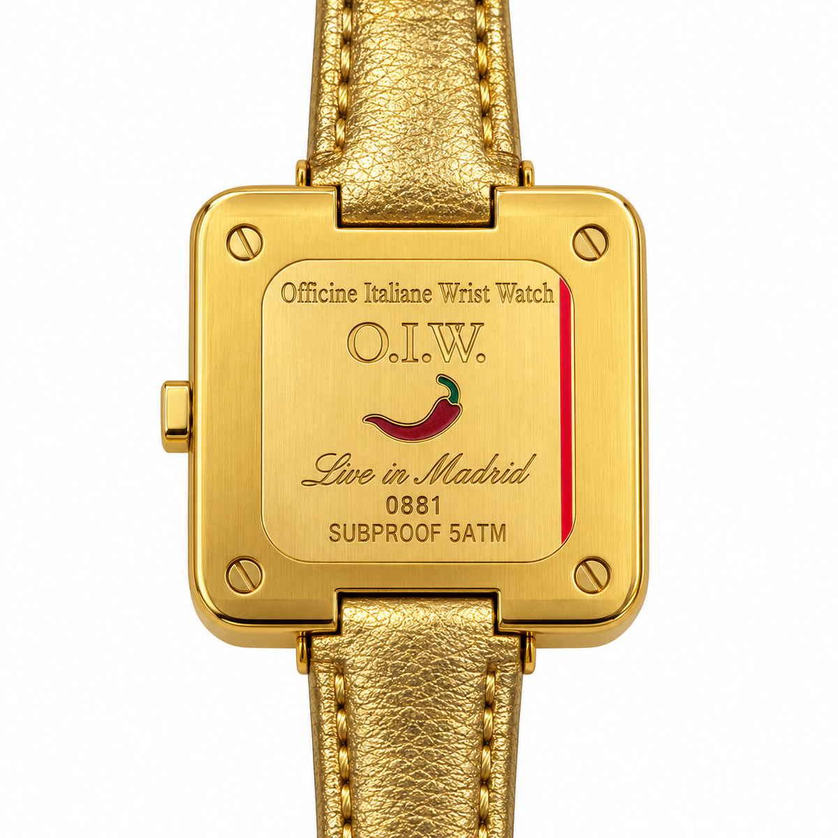 Orologio O.I.W. quadrato dorato con quadrante champagne e cinturino oro