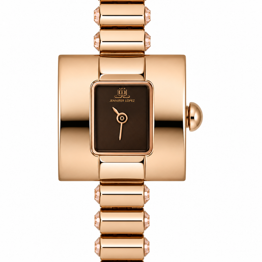 Jennifer Lopez Orologio Donna Cuff Bangle Oro Rosa Quadrante Marrone Cristalli Champagne