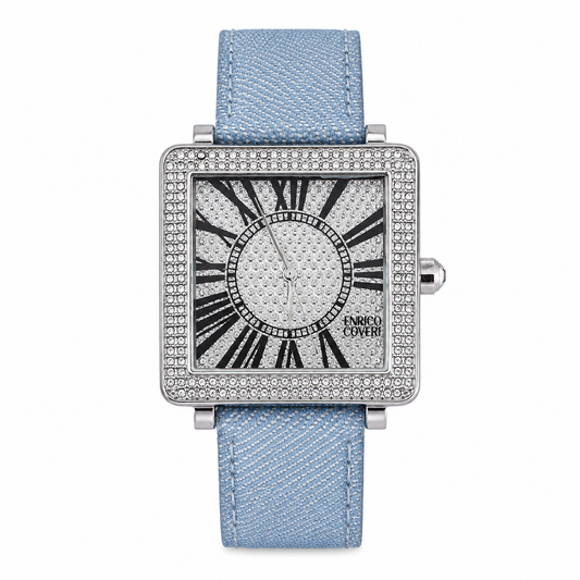 Enrico Coveri orologio donna cassa quadrata acciaio con lunetta pavé cristalli, quadrante full-pavé numeri romani neri e cinturino in tessuto denim azzurro