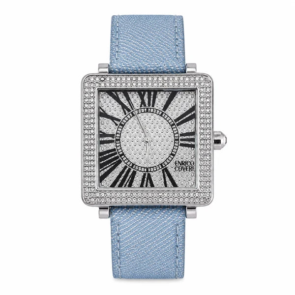Enrico Coveri – Orologio Donna Cassa Quadrata Pavé Cristalli Numeri Romani Cinturino Denim Quarzo | Gold o Silver