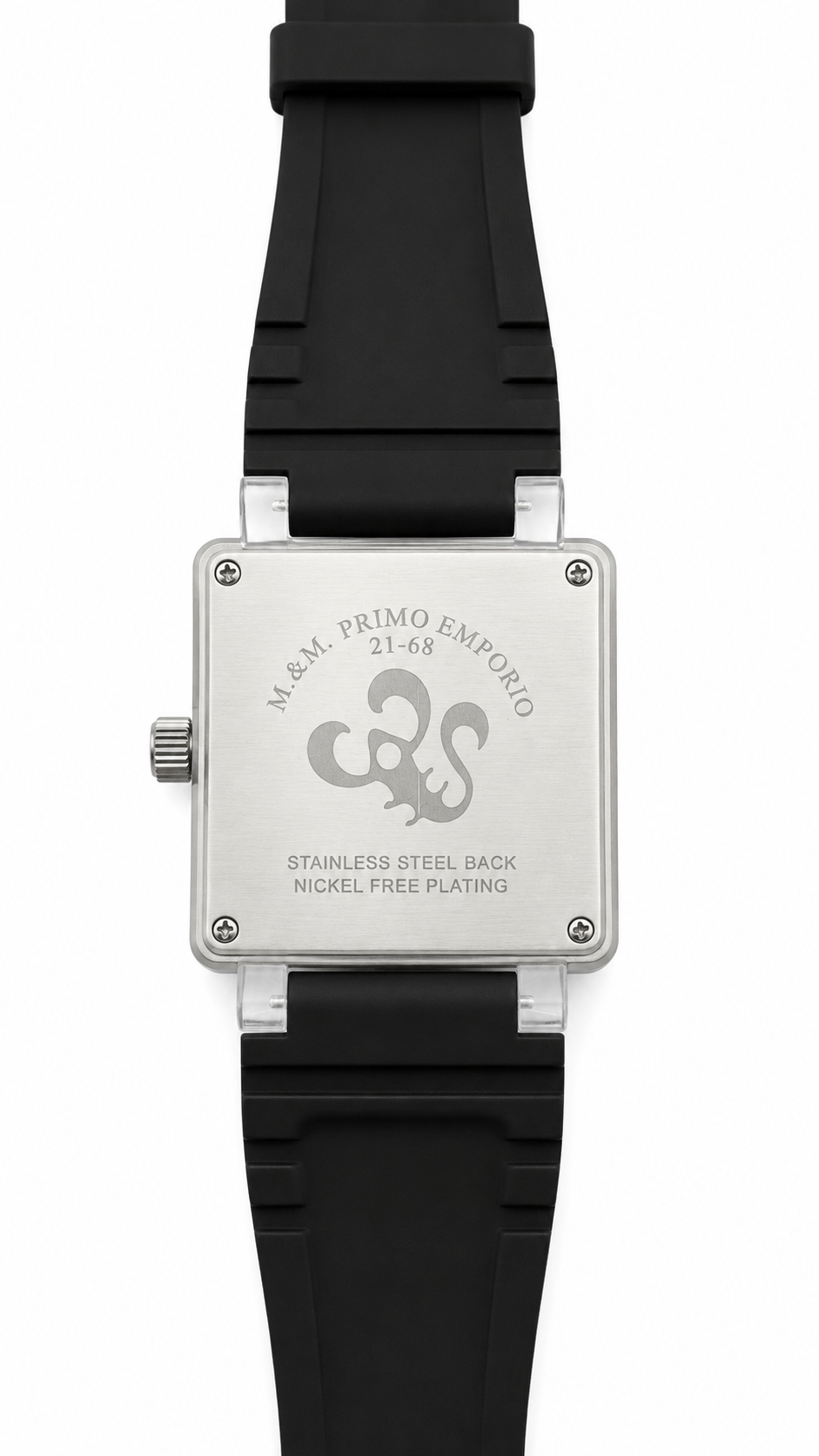 M&M Primo Emporio Quarzo 21-68 – Cassa Quadrata Aviation Quadrante Nero Romani Cinturino Silicone