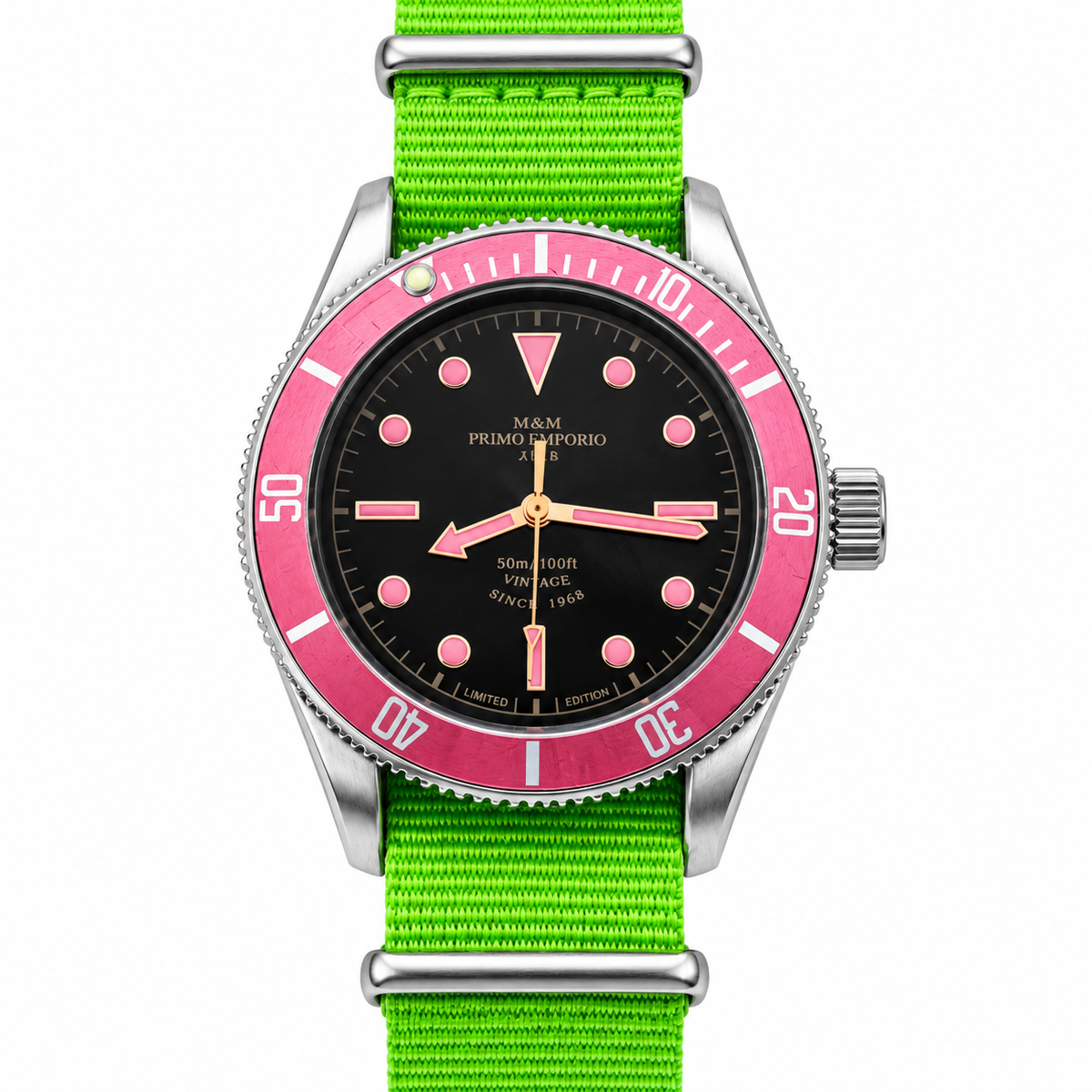 M&M Primo Emporio Diver 21-68 – Orologio Diver Vintage Limited Edition | Cinturino NATO Verde, Rosa Scuro o Marrone