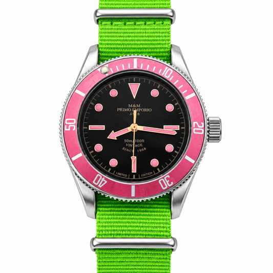 M&M Primo Emporio Diver 21-68 – Orologio Diver Vintage Limited Edition | Cinturino NATO Verde, Rosa Scuro o Marrone