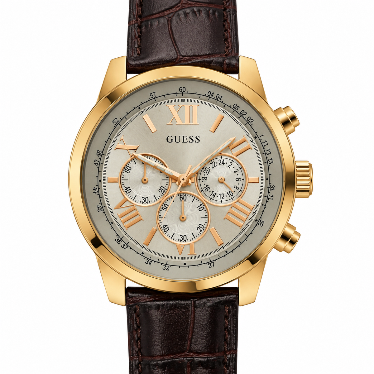 Orologio Guess con quadrante chiaro, cassa dorata e cinturino in pelle marrone