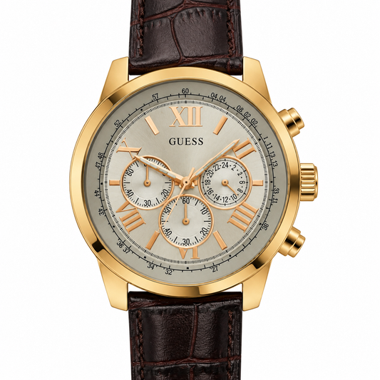 Orologio Guess con quadrante chiaro, cassa dorata e cinturino in pelle marrone