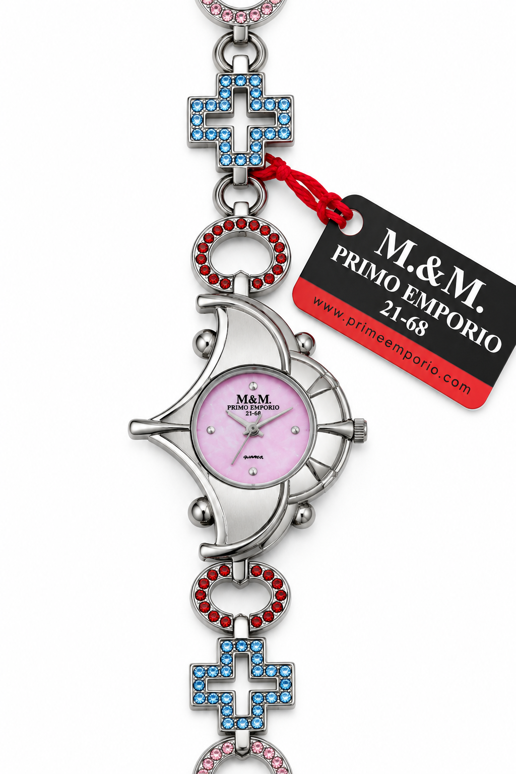 M.&M. Primo Emporio 21-68 Glimmer orologio donna cassa mezzaluna rosa cristalli pavé azzurri rossi