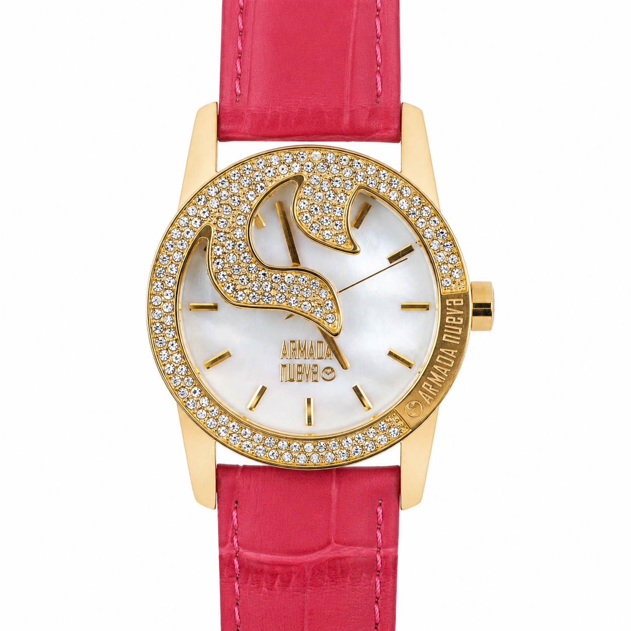 Armada Nuevo orologio donna quadrante madreperla cristalli bianchi pavé cassa oro cinturino pelle fucsia