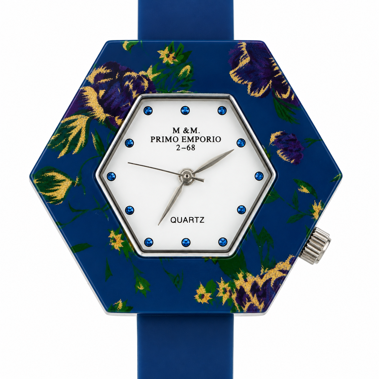 Orologio M&M Primo Emporio 2-68 Hexagon Floral Blue - Cassa Esagonale con Motivo Floreale e Cristalli Zaffiro