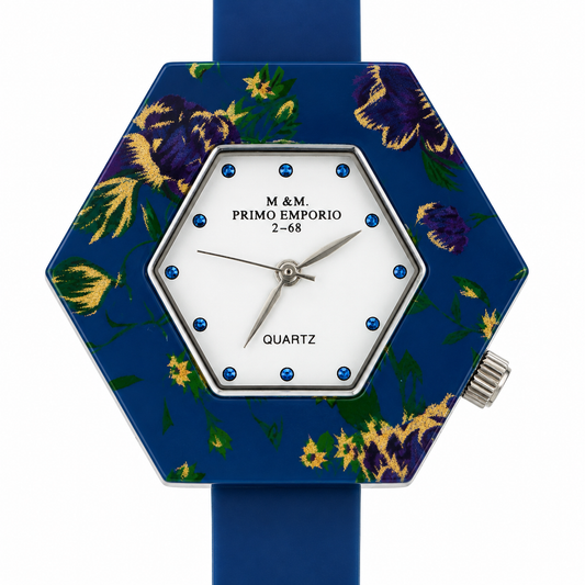 Orologio M&M Primo Emporio 2-68 Hexagon Floral Blue - Cassa Esagonale con Motivo Floreale e Cristalli Zaffiro