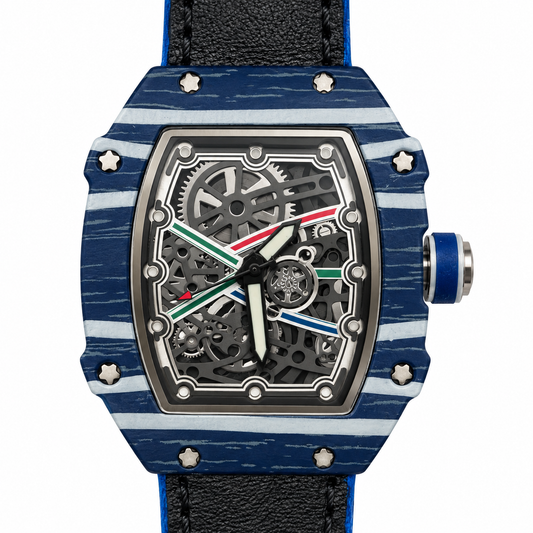 Orologio con cassa blu tonneau a fasce chiare, quadrante scuro con dettagli multicolore e cinturino nero bordato di blu