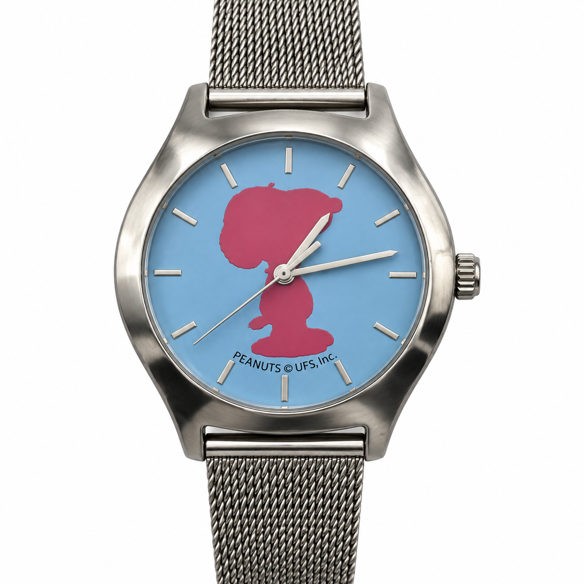Orologio Snoopy Peanuts con silhouette sul quadrante e bracciale a maglia milanese in acciaio