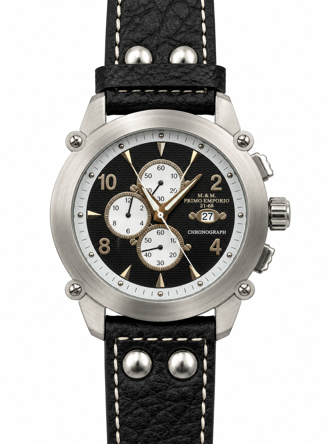 Orologio uomo M&M Primo Emporio 21-68 cronografo aviatore quadrante nero contatori bianchi lancette dorate cinturino pelle nera rivetti metallici cuciture bianche