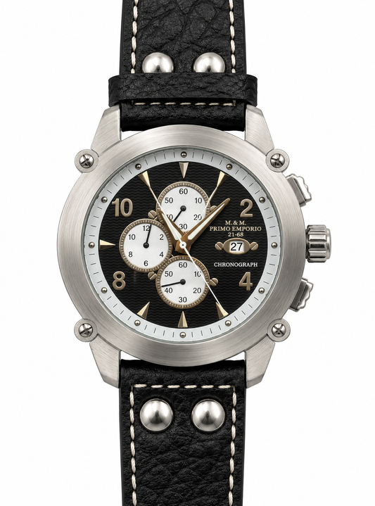 M&M Primo Emporio 21-68 – Orologio Uomo Cronografo Nero Stile Aviatore Cinturino Pelle Rivetti