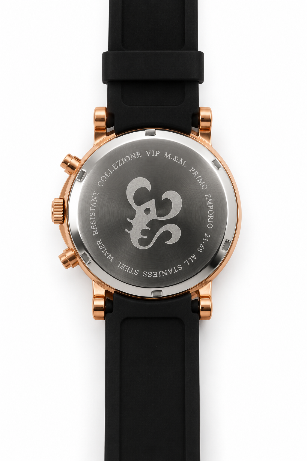 M.&M. VIP Primo Emporio 21-68 — Cronografo Rose Gold Quadrante Bianco Numeri Romani 3D Data Cinturino Gomma Nero
