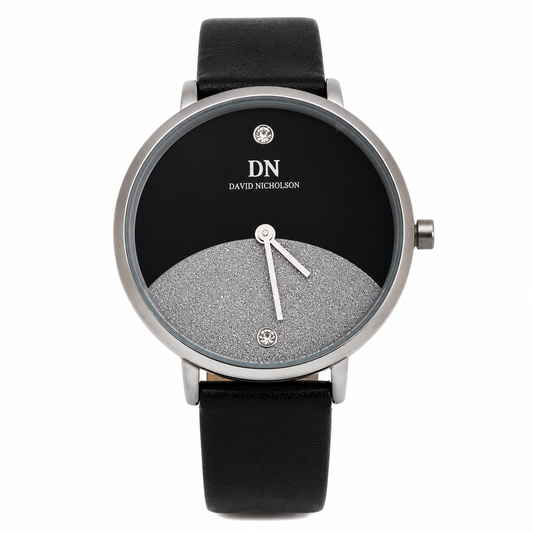 David Nicholson DN – Orologio Donna Quadrante Bicolore Nero e Glitter Argento con Cinturino Pelle Nera