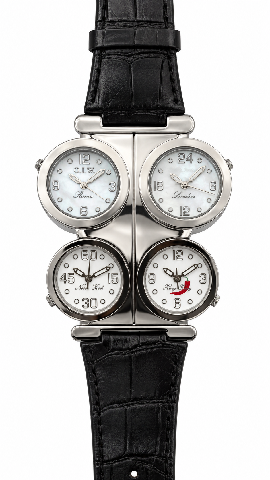 O.I.W. orologio 4 fusi orari quadruplo quadrante Roma London New York Korea cinturino coccodrillo nero