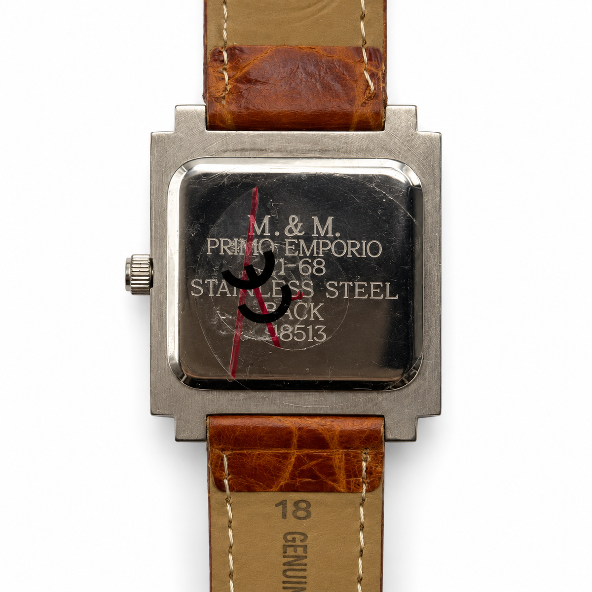 Orologio M&M Primo Emporio quadrato con cinturino marrone e quadrante nero o avorio