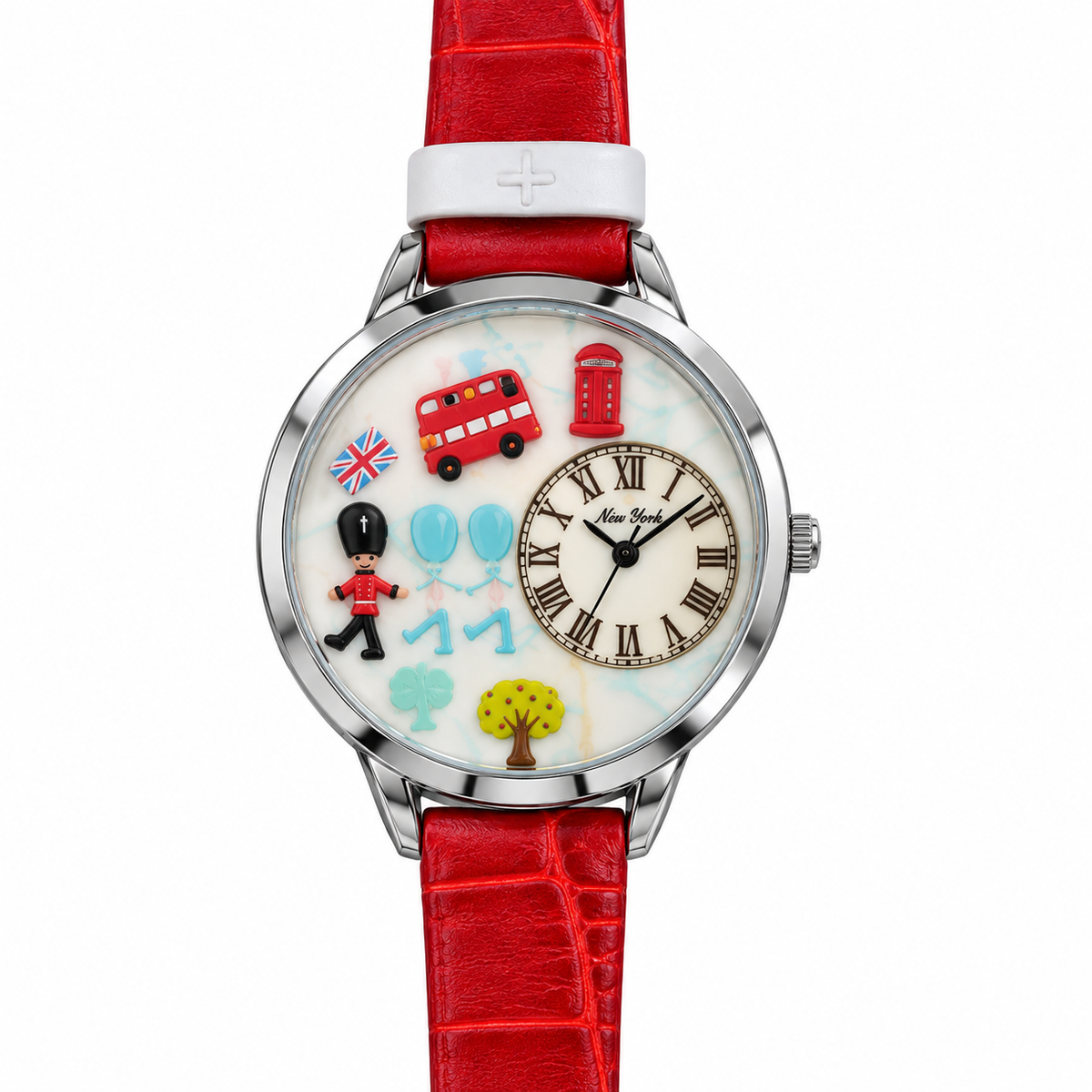 Orologio Mini Miniature con quadrante a miniature tema Londra e cinturino rosso effetto cocco