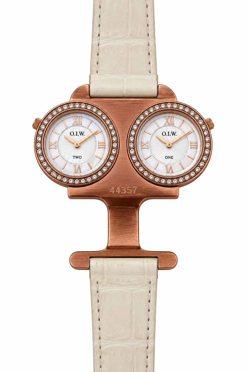 O.I.W. 44357 — Orologio Donna Doppio Quadrante Dual Time Rose Gold Cristalli Madreperla Cinturino Crema
