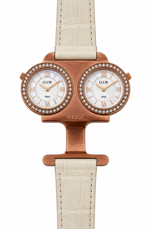 O.I.W. 44357 orologio donna doppio quadrante dual time cassa rose gold bezel cristalli madreperla numeri romani cinturino coccodrillo crema