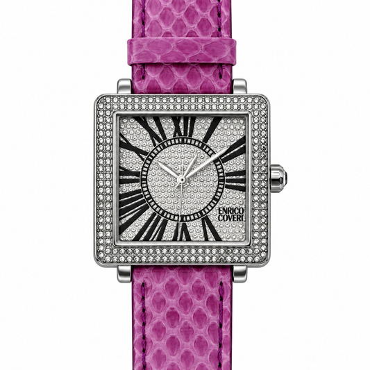 Enrico Coveri – Orologio Donna Full Pavé Cristalli Numeri Romani Cinturino Pitone Fucsia