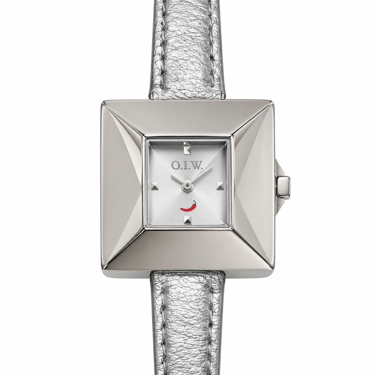 Orologio O.I.W. quadrato argentato con cornice sfaccettata e cinturino argento